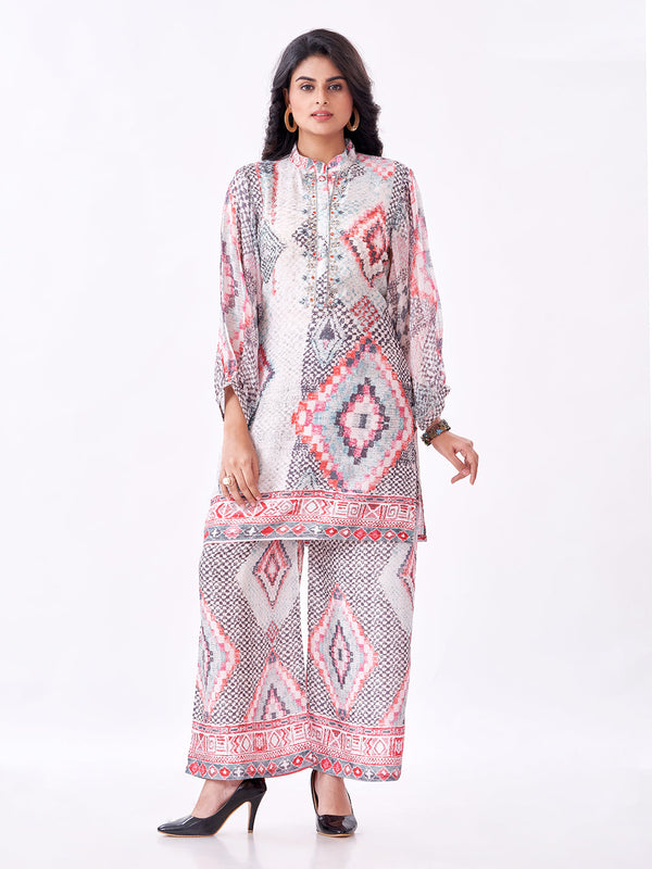 Amchoor Grey Muslin Digital Prints Kurti Pant Set for Womens